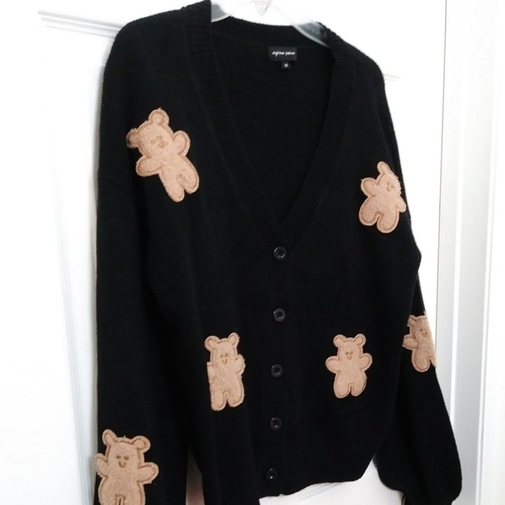 Aqua Blues Black/Tan Bears Cardigan Size Medium
